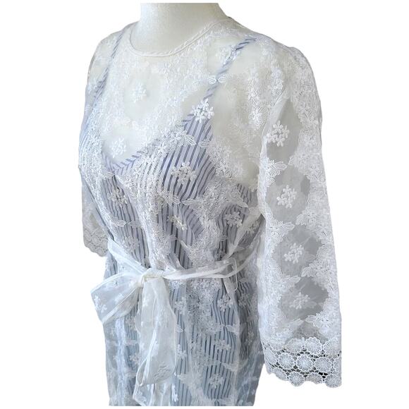 Sandro Paris Womens Dress Large Isabelle Floral Lace Mini Blue White Stripe EUC - Picture 3 of 15